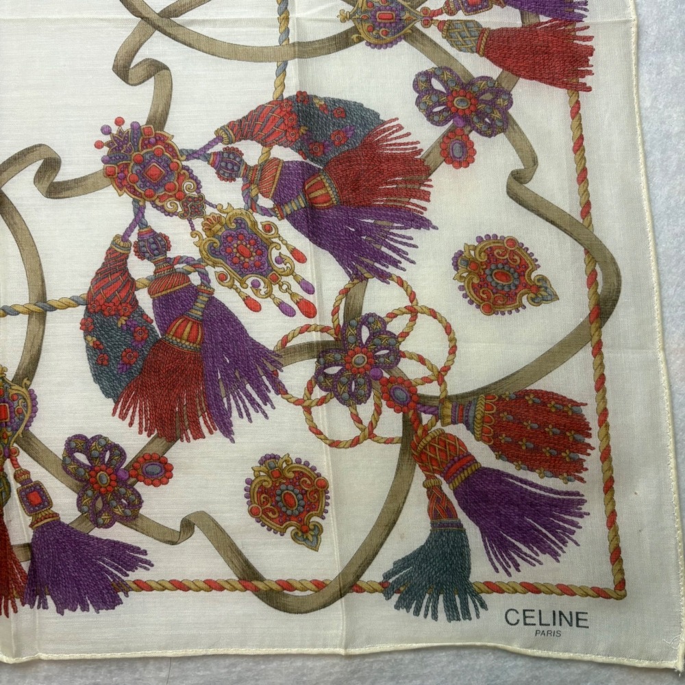 VTG CELINE Scarf Handkerchief Tassel Rope Cotton White Purple 19" - Picture 2 of 5